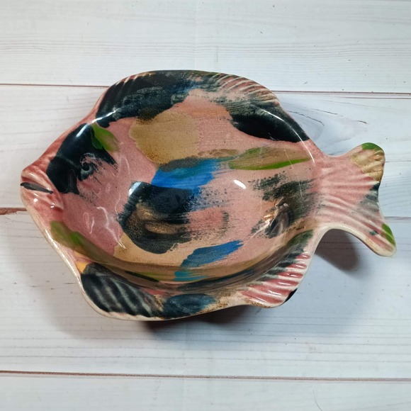 Hand Painted Fish‎ Shaped Bowl Trinket Dish Colorful Ceramic Decor - signed - Picture 1 of 7
